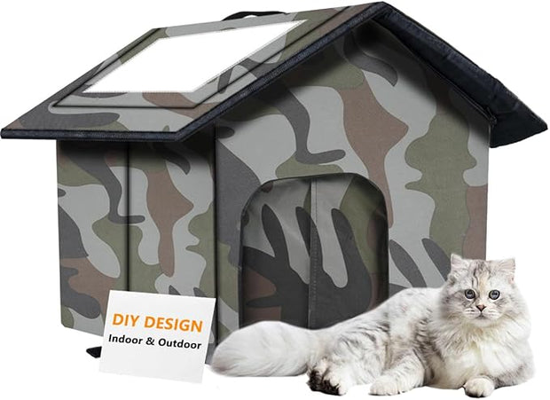Outdoor Cat House Weatherproof, Large Feral Cat House for Winter, Collapsible Outdoor Cats Shelter with Door and Soft Mat, Easy to Assemble, Warm Stable Stray Cats Shelter in Winter