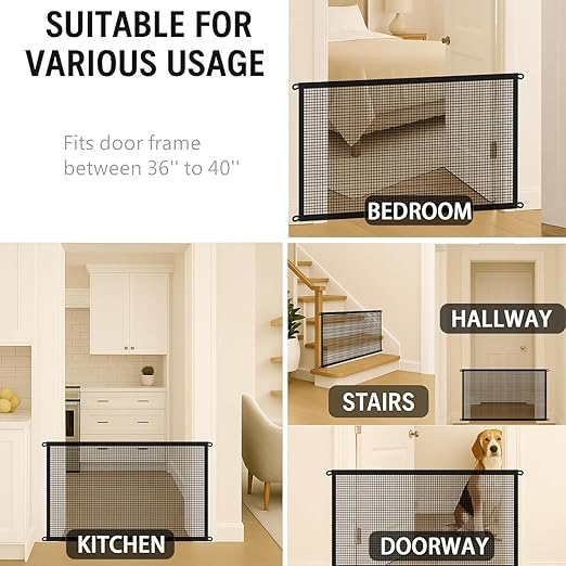 Pet Gate Mesh – No-Drill Easy Install, Good Helper,Portable Folding Dog Safety Fence for Stairs & Doorways, 43.3″ W x 28.3″ H with 4 Adhesive Hooks