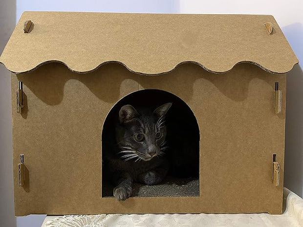 SVY Cozy Cat House with Scratcher Pad, Made of Corrugated Cardboard, Ideal for Cats & Kittens & Small Animals. 16"x12"x13"