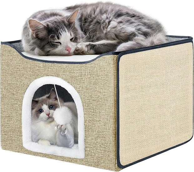 Purr&Khead Cat Bed for Indoor Cats with Cushion Pad and Replaceable Scratch Mat- Large Cat Cave for Pet Cat House (Camel, 16.5" D x 16.5" W x 13" H)