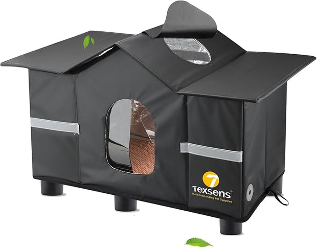 Texsens Outdoor Cat House - Weatherproof Large Cat Shelter for Outside with Roof Window- Insulated Elevated House for Stray/Barn Cats with Cozy Cushion - Ideal Waterproof Feral Cat House