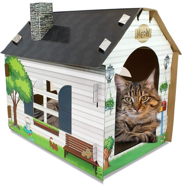 Cardboard Cat House Hideaway Playhouse with Cat Scratcher Scratching Pad 19"L x 13"W x 17"H