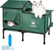 Outdoor Cat House Weatherproof, Summer Cooling Outside Cat Houses with Freezing Bottle, Foldable Cats Shelter, Large Cave Bed for Pets Up to 55lbs for Garden, Patio, or Backyard (Green-L)