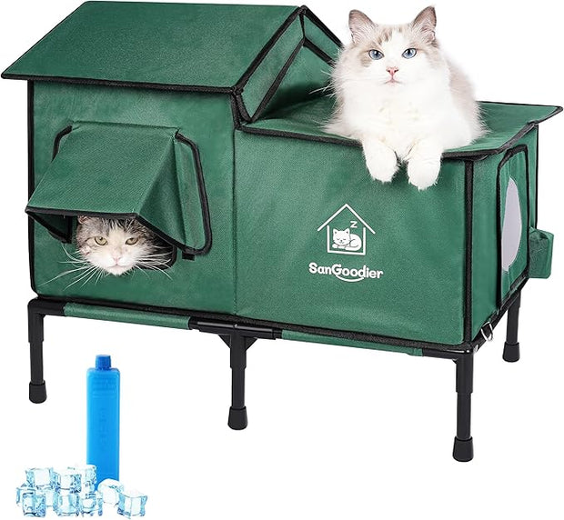 Outdoor Cat House Weatherproof, Summer Cooling Outside Cat Houses with Freezing Bottle, Foldable Cats Shelter, Large Cave Bed for Pets Up to 55lbs for Garden, Patio, or Backyard (Green-L)