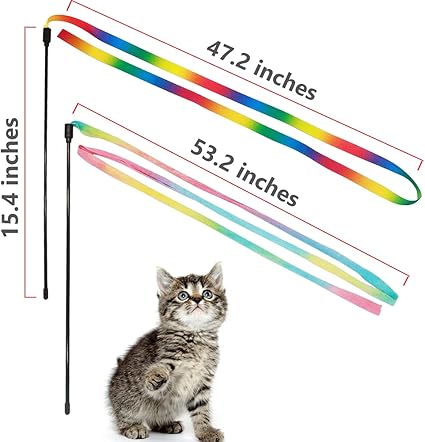 LASOCUHOO Interactive Cat Rainbow Wand Toys, Interactive Cat Teaser Wand String, Colorful Ribbon Charmer for Most Cats and Kittens - 2 Packs