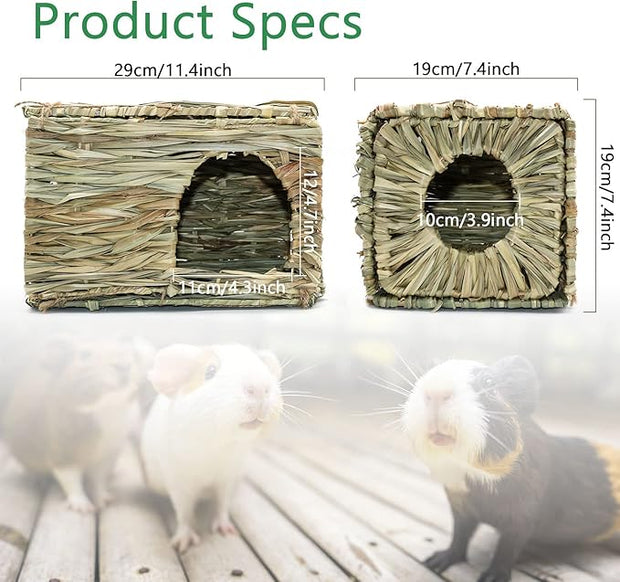 BWOGUE Large Grass House for Guinea Pigs,Hand Woven Straw Hut Foldable Small Animal Play Hideaway Bed with Double Openings Playhouse for Bunny Guinea Pig Chinchilla Ferret