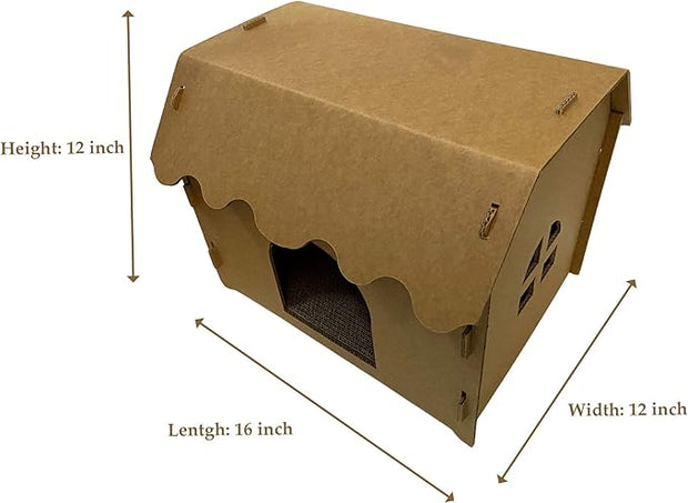 SVY Cozy Cat House with Scratcher Pad, Made of Corrugated Cardboard, Ideal for Cats & Kittens & Small Animals. 16"x12"x13"
