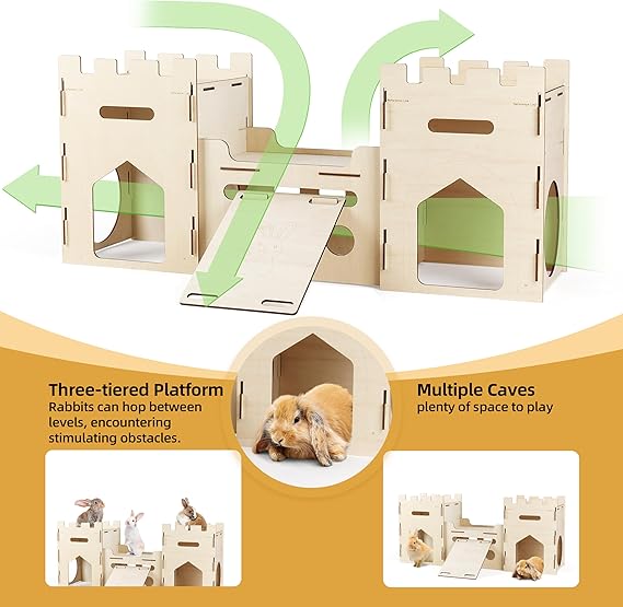 HIIMALEX Extra Large Wooden Bunny Castle House Multistory Climbing Tower Hideout Ventilated Sturdy Habitat for Rabbit Guinea Pig Chinchilla Ferret
