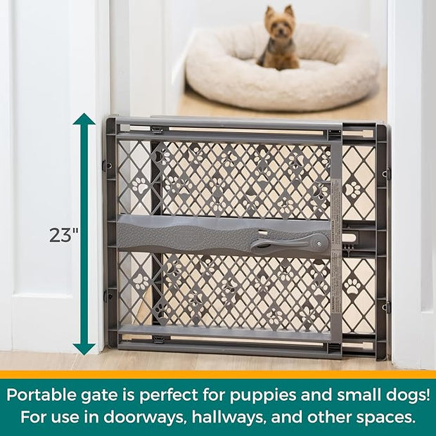 MYPET North States Paws Portable Pet Gate: 26-40" Wide. Pressure Mount. No Tools Needed. Made in USA. Dog Gate 23" Tall, Expandable, Durable Dog Gates for Doorways, Fieldstone Gray