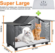 Texsens Outdoor Cat House - Weatherproof Large Cat Shelter for Outside with Roof Window- Insulated Elevated House for Stray/Barn Cats with Cozy Cushion - Ideal Waterproof Feral Cat House