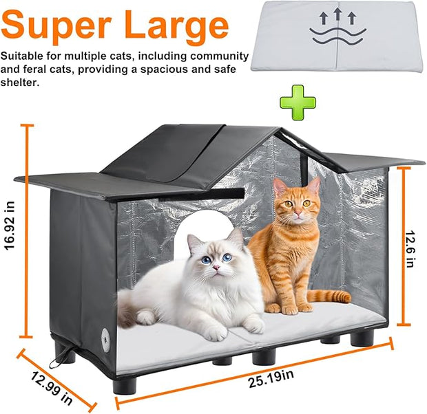 Texsens Outdoor Cat House - Weatherproof Large Cat Shelter for Outside with Roof Window- Insulated Elevated House for Stray/Barn Cats with Cozy Cushion - Ideal Waterproof Feral Cat House