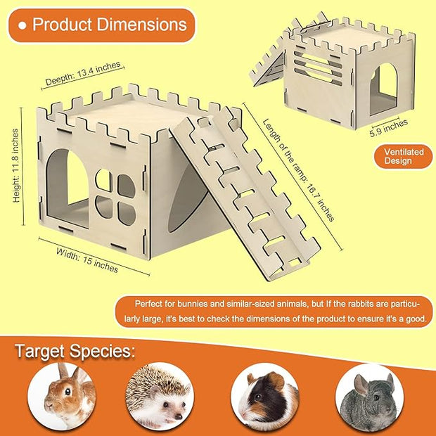 HIIMALEX Extra Large Sturdy Bunny Castle Hideout for Indoor Rabbits Play House with Stairs Round Edges Detachable Habitats for Rabbit Guinea Pig Chinchilla Hedgehog