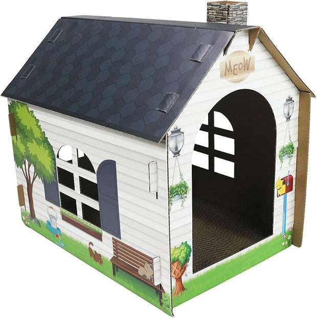 Cardboard Cat House Hideaway Playhouse with Cat Scratcher Scratching Pad 19"L x 13"W x 17"H