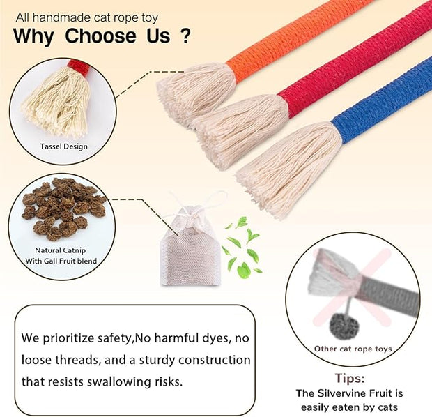 Retro Shaw Catnip Toys Chew Ropes, Cat Rope Toys for Indoor Cats Kitten, Cat Toys String Kitten Chew Teething Toy Kitty Nip Kicker - 3 Pack, 23.6 Inches