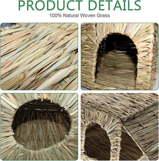 BWOGUE Large Grass House for Guinea Pigs,Hand Woven Straw Hut Foldable Small Animal Play Hideaway Bed with Double Openings Playhouse for Bunny Guinea Pig Chinchilla Ferret