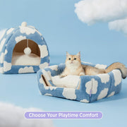 Lesure Cute Cat Beds for Indoor Cats - 2 in 1 Cat Cave Bed for Kittens and Small Pets with Removable Washable Cushioned Pillow, Cozy Kitten Tent with Non-Slip Bottom, Blue, 16 inches
