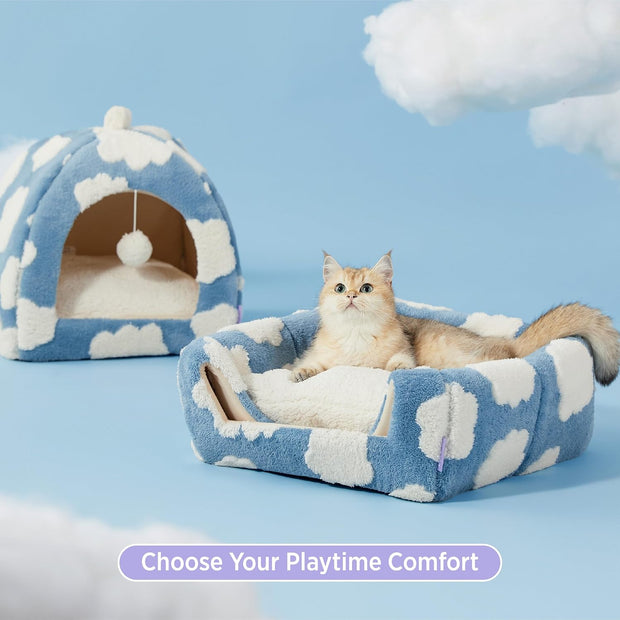 Lesure Cute Cat Beds for Indoor Cats - 2 in 1 Cat Cave Bed for Kittens and Small Pets with Removable Washable Cushioned Pillow, Cozy Kitten Tent with Non-Slip Bottom, Blue, 16 inches