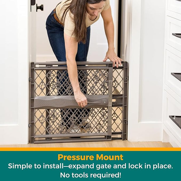 MYPET North States Paws Portable Pet Gate: 26-40" Wide. Pressure Mount. No Tools Needed. Made in USA. Dog Gate 23" Tall, Expandable, Durable Dog Gates for Doorways, Fieldstone Gray