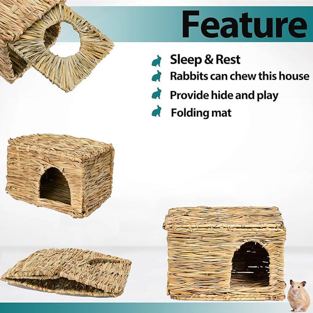 HERCOCCI Extra Large Grass House for Rabbit, Foldable & Comfortable - Small Animal Hut Play Hideaway Bed Hay Mat Chew Toy for Bunny Guinea Pig Hamster Chinchilla (1 Pack)
