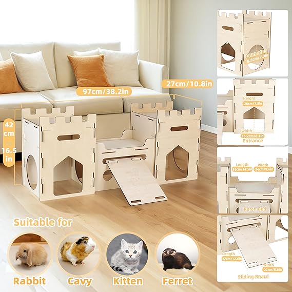 HIIMALEX Extra Large Wooden Bunny Castle House Multistory Climbing Tower Hideout Ventilated Sturdy Habitat for Rabbit Guinea Pig Chinchilla Ferret