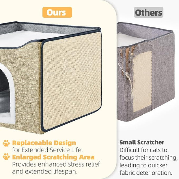 Purr&Khead Cat Bed for Indoor Cats with Cushion Pad and Replaceable Scratch Mat- Large Cat Cave for Pet Cat House (Camel, 16.5" D x 16.5" W x 13" H)