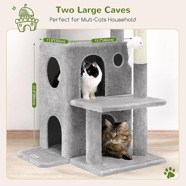 Globlazer Cat Tree Tower for Indoor Cats, 50-inch Adult Cat Tree House for Large Adult Cats with Steps, Scratching Post, 2 Cat Caves, Dangling Toys, FC50, Light Grey