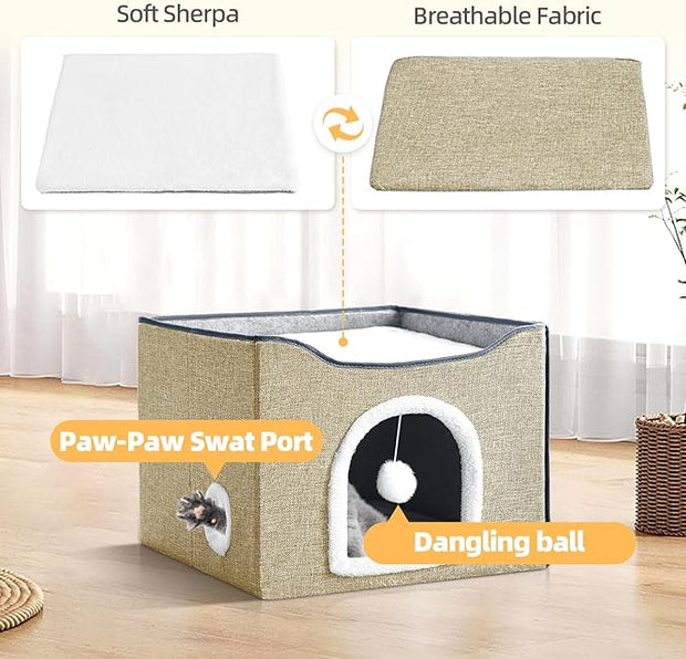 Purr&Khead Cat Bed for Indoor Cats with Cushion Pad and Replaceable Scratch Mat- Large Cat Cave for Pet Cat House (Camel, 16.5" D x 16.5" W x 13" H)