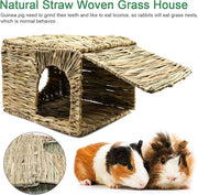 BWOGUE Large Grass House for Guinea Pigs,Hand Woven Straw Hut Foldable Small Animal Play Hideaway Bed with Double Openings Playhouse for Bunny Guinea Pig Chinchilla Ferret