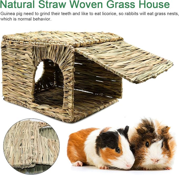 BWOGUE Large Grass House for Guinea Pigs,Hand Woven Straw Hut Foldable Small Animal Play Hideaway Bed with Double Openings Playhouse for Bunny Guinea Pig Chinchilla Ferret