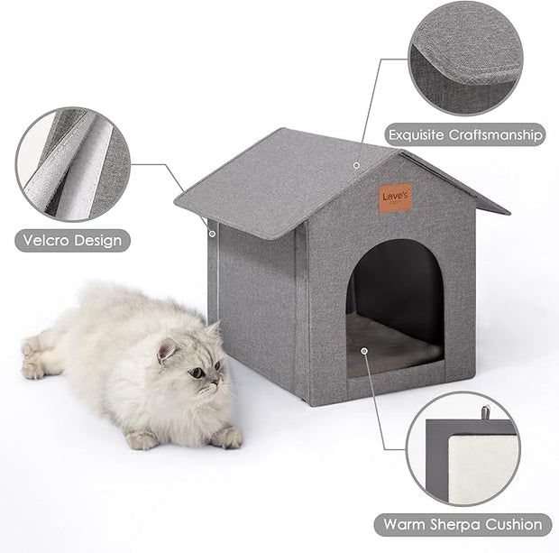Love's cabin Outdoor Cat House Weatherproof, Insulated Feral Cat House Outdoor for Winter, Waterproof Outside House for/Indoor Cats, Shelter with Removable Soft Cushion,Grey