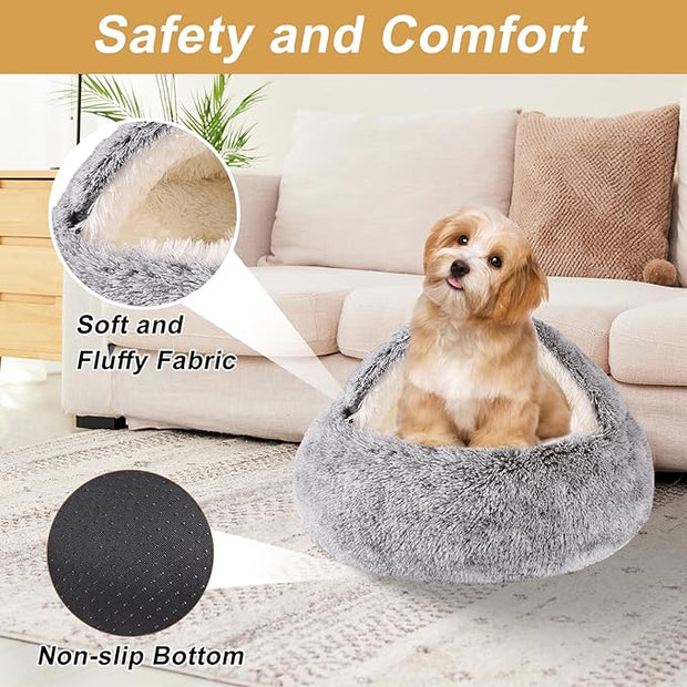 Hooded Dog Bed for Small Dogs, Nest Dog Beds, Washable Cute Cat Cave Bed, Cozy Nook Pet Bed for Dogs or Cats, Anti-Slip Puppy Bed Fits up to 22 lbs Pets(Grey, 20" x 20")