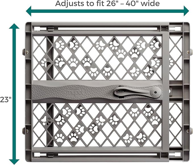 MYPET North States Paws Portable Pet Gate: 26-40" Wide. Pressure Mount. No Tools Needed. Made in USA. Dog Gate 23" Tall, Expandable, Durable Dog Gates for Doorways, Fieldstone Gray