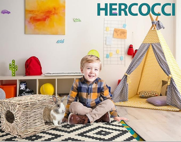 HERCOCCI Extra Large Grass House for Rabbit, Foldable & Comfortable - Small Animal Hut Play Hideaway Bed Hay Mat Chew Toy for Bunny Guinea Pig Hamster Chinchilla (1 Pack)