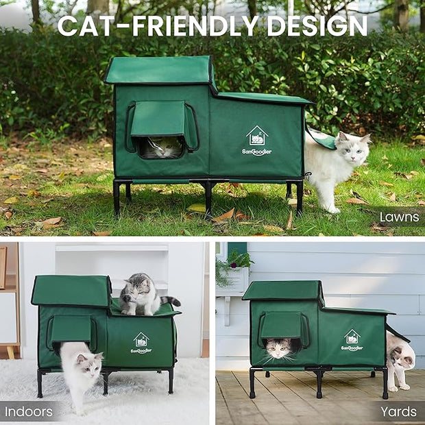 Outdoor Cat House Weatherproof, Summer Cooling Outside Cat Houses with Freezing Bottle, Foldable Cats Shelter, Large Cave Bed for Pets Up to 55lbs for Garden, Patio, or Backyard (Green-L)