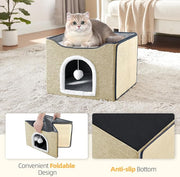 Purr&Khead Cat Bed for Indoor Cats with Cushion Pad and Replaceable Scratch Mat- Large Cat Cave for Pet Cat House (Camel, 16.5" D x 16.5" W x 13" H)