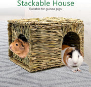 BWOGUE Large Grass House for Guinea Pigs,Hand Woven Straw Hut Foldable Small Animal Play Hideaway Bed with Double Openings Playhouse for Bunny Guinea Pig Chinchilla Ferret