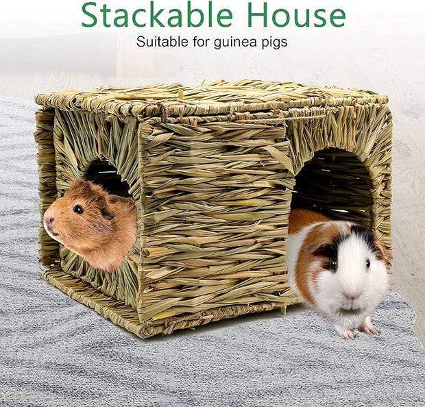 BWOGUE Large Grass House for Guinea Pigs,Hand Woven Straw Hut Foldable Small Animal Play Hideaway Bed with Double Openings Playhouse for Bunny Guinea Pig Chinchilla Ferret