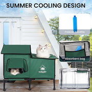 Outdoor Cat House Weatherproof, Summer Cooling Outside Cat Houses with Freezing Bottle, Foldable Cats Shelter, Large Cave Bed for Pets Up to 55lbs for Garden, Patio, or Backyard (Green-L)