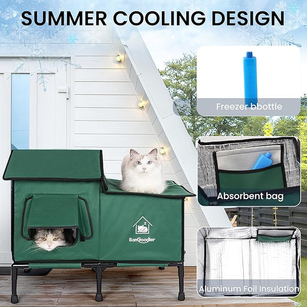 Outdoor Cat House Weatherproof, Summer Cooling Outside Cat Houses with Freezing Bottle, Foldable Cats Shelter, Large Cave Bed for Pets Up to 55lbs for Garden, Patio, or Backyard (Green-L)
