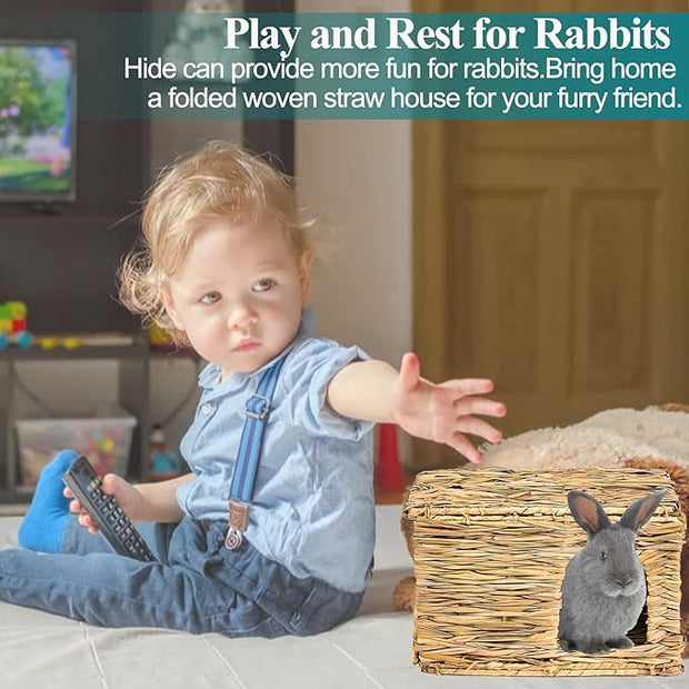 HERCOCCI Extra Large Grass House for Rabbit, Foldable & Comfortable - Small Animal Hut Play Hideaway Bed Hay Mat Chew Toy for Bunny Guinea Pig Hamster Chinchilla (1 Pack)