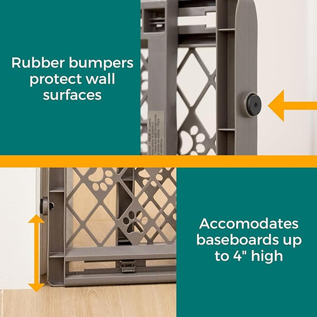 MYPET North States Paws Portable Pet Gate: 26-40" Wide. Pressure Mount. No Tools Needed. Made in USA. Dog Gate 23" Tall, Expandable, Durable Dog Gates for Doorways, Fieldstone Gray