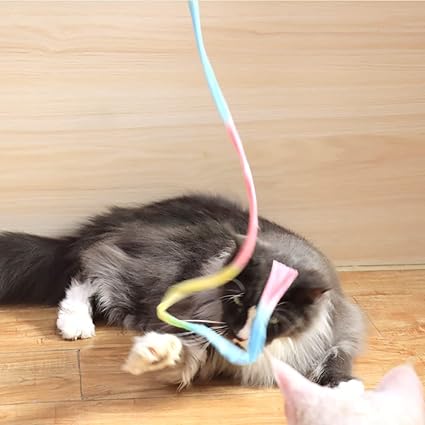 LASOCUHOO Interactive Cat Rainbow Wand Toys, Interactive Cat Teaser Wand String, Colorful Ribbon Charmer for Most Cats and Kittens - 2 Packs
