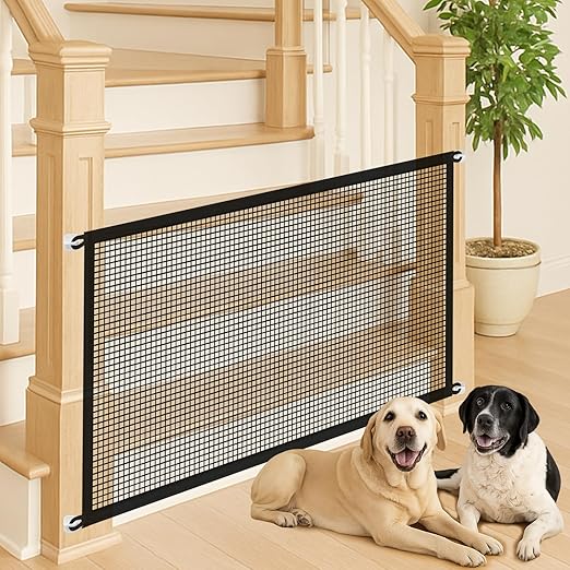 Pet Gate Mesh – No-Drill Easy Install, Good Helper,Portable Folding Dog Safety Fence for Stairs & Doorways, 43.3″ W x 28.3″ H with 4 Adhesive Hooks