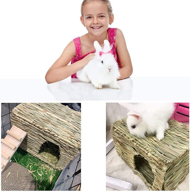 HERCOCCI Extra Large Grass House for Rabbit, Foldable & Comfortable - Small Animal Hut Play Hideaway Bed Hay Mat Chew Toy for Bunny Guinea Pig Hamster Chinchilla (1 Pack)