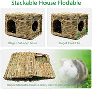 BWOGUE Large Grass House for Guinea Pigs,Hand Woven Straw Hut Foldable Small Animal Play Hideaway Bed with Double Openings Playhouse for Bunny Guinea Pig Chinchilla Ferret
