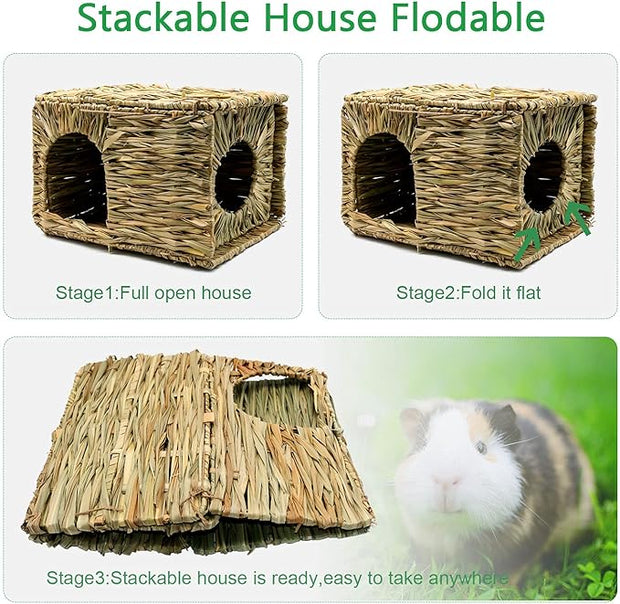 BWOGUE Large Grass House for Guinea Pigs,Hand Woven Straw Hut Foldable Small Animal Play Hideaway Bed with Double Openings Playhouse for Bunny Guinea Pig Chinchilla Ferret