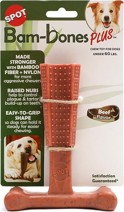 SPOT Bam-Bones Plus T-Bone, Bamboo Fiber & Nylon Dog Chew, Durable for Aggressive Chewers, Non-Splintering, for Adult Dogs & Teething Puppies Under 60lbs, 6in, Beef Flavor