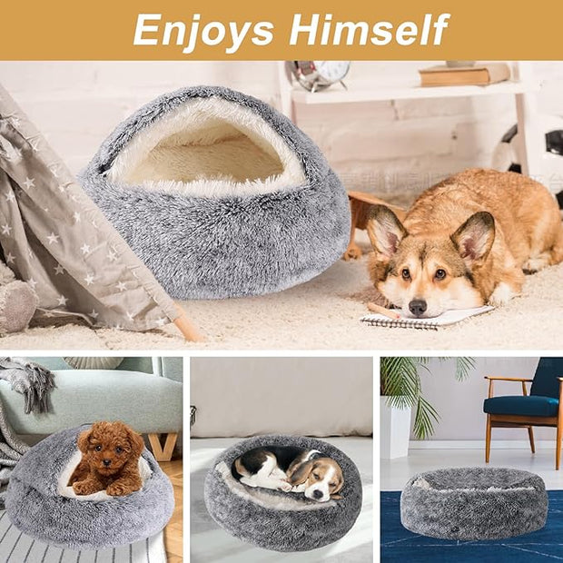 Hooded Dog Bed for Small Dogs, Nest Dog Beds, Washable Cute Cat Cave Bed, Cozy Nook Pet Bed for Dogs or Cats, Anti-Slip Puppy Bed Fits up to 22 lbs Pets(Grey, 20" x 20")