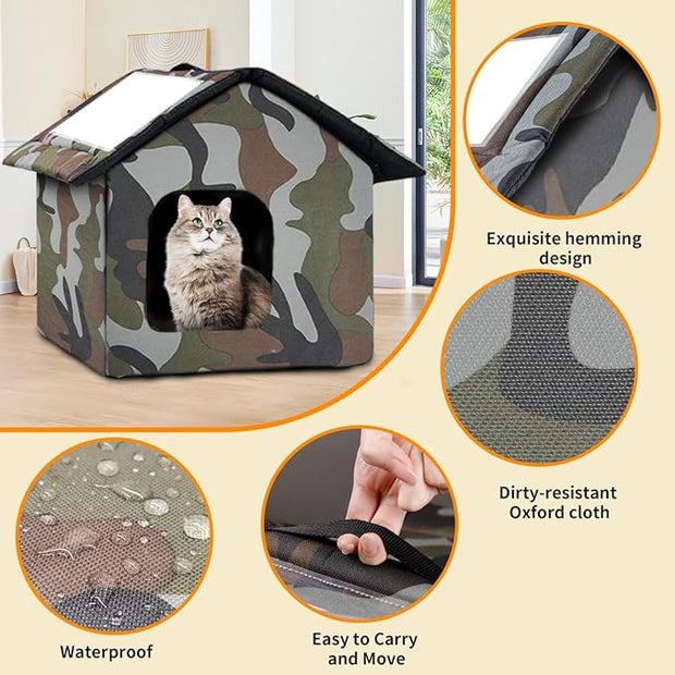 Outdoor Cat House Weatherproof, Large Feral Cat House for Winter, Collapsible Outdoor Cats Shelter with Door and Soft Mat, Easy to Assemble, Warm Stable Stray Cats Shelter in Winter