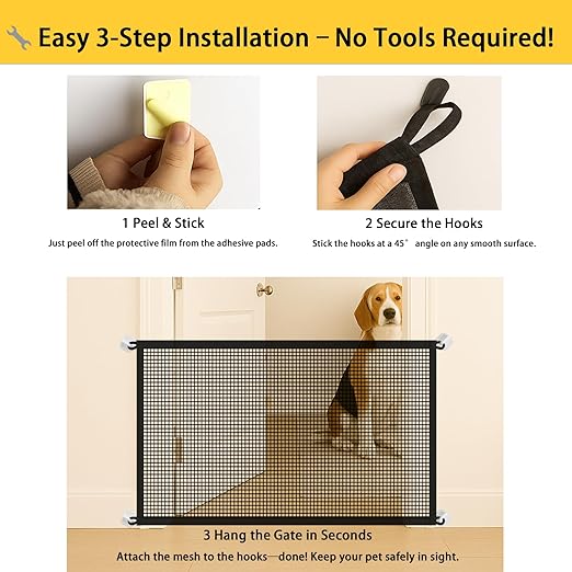 Pet Gate Mesh – No-Drill Easy Install, Good Helper,Portable Folding Dog Safety Fence for Stairs & Doorways, 43.3″ W x 28.3″ H with 4 Adhesive Hooks